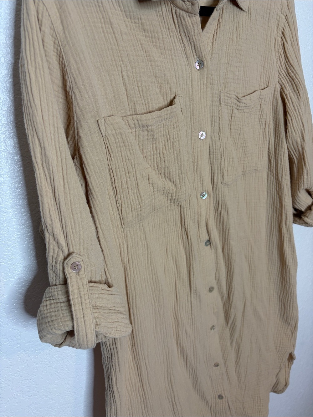 Magaschoni Tan Gauze Organic Cotton Button Down Shirt Dress MIDI Size Large - Picture 2 of 6